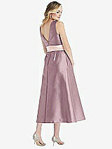 Rear View Thumbnail - Dusty Rose & Blush High-Neck Asymmetrical Shirred Satin Midi Dress with Pockets