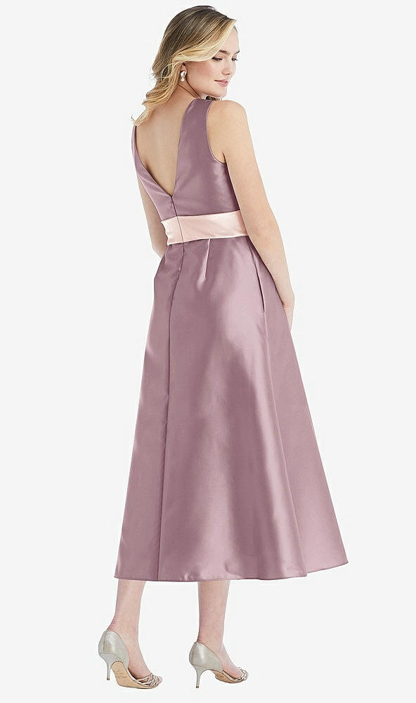 Back View - Dusty Rose & Blush High-Neck Asymmetrical Shirred Satin Midi Dress with Pockets
