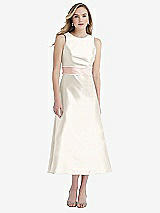 Front View Thumbnail - Ivory & Blush High-Neck Asymmetrical Shirred Satin Midi Dress with Pockets