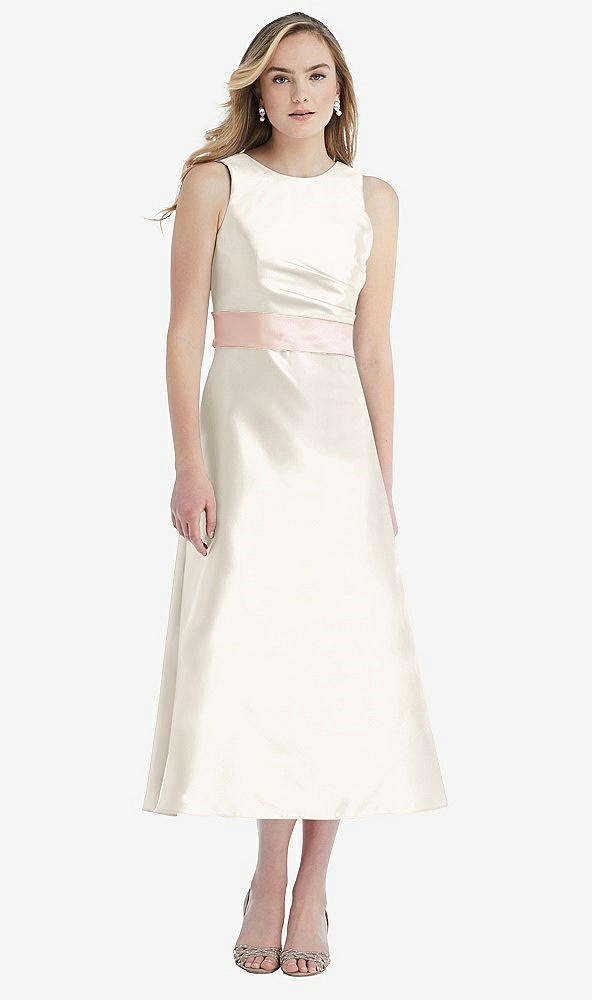 Front View - Ivory & Blush High-Neck Asymmetrical Shirred Satin Midi Dress with Pockets