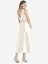 Rear View Thumbnail - Ivory & Blush High-Neck Asymmetrical Shirred Satin Midi Dress with Pockets