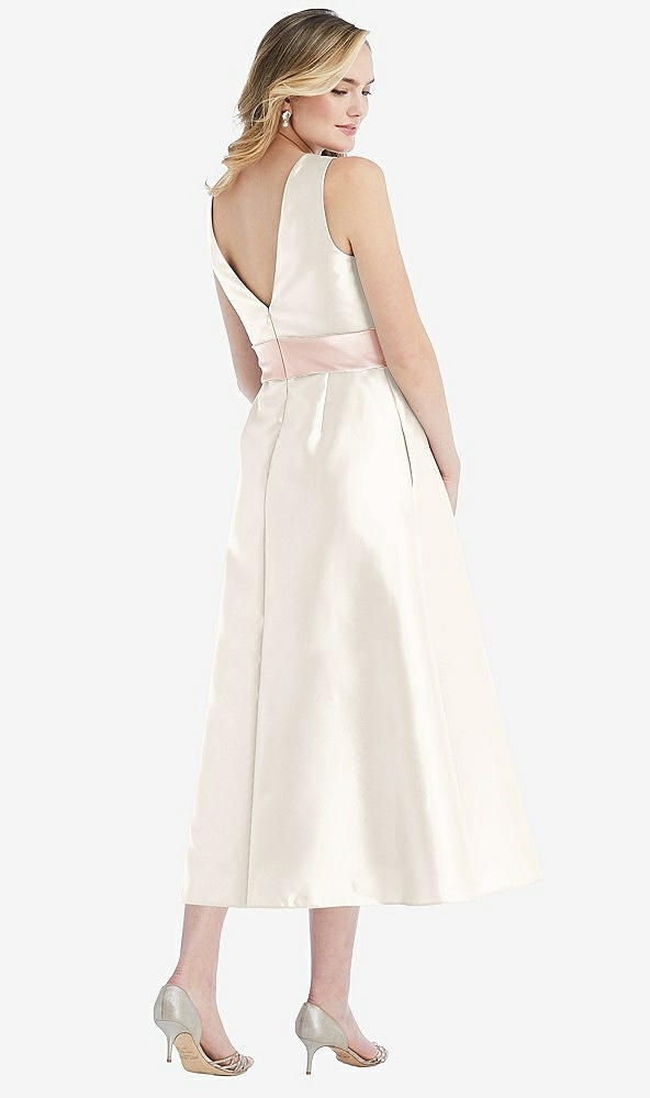 Back View - Ivory & Blush High-Neck Asymmetrical Shirred Satin Midi Dress with Pockets