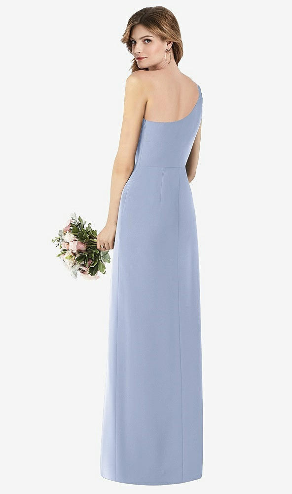 Back View - Sky Blue One-Shoulder Crepe Trumpet Gown with Front Slit