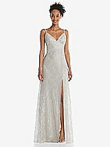 Front View Thumbnail - Oyster V-Neck Metallic Lace Maxi Dress with Adjustable Straps