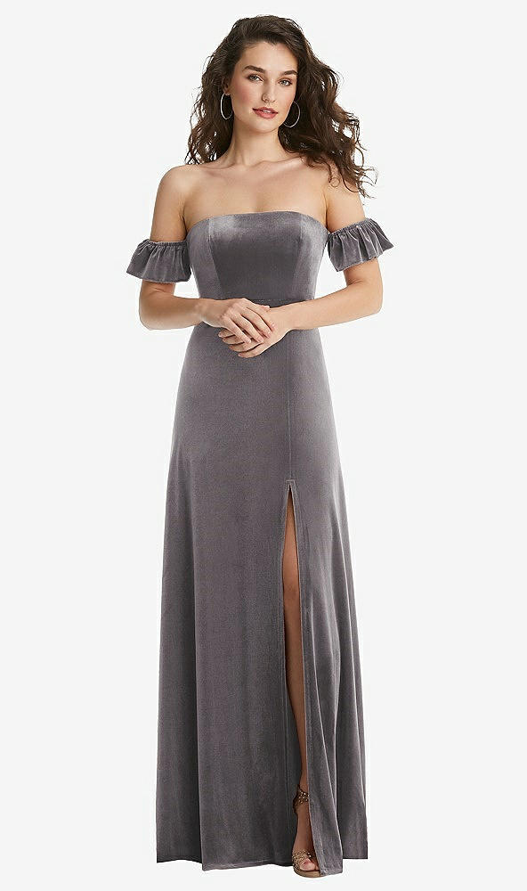 Front View - Caviar Gray Ruffle Sleeve Off-the-Shoulder Velvet Maxi Dress