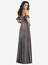 Rear View Thumbnail - Caviar Gray Ruffle Sleeve Off-the-Shoulder Velvet Maxi Dress