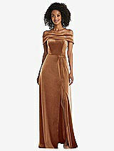 Front View Thumbnail - Golden Almond Draped Cuff Off-the-Shoulder Velvet Maxi Dress with Pockets