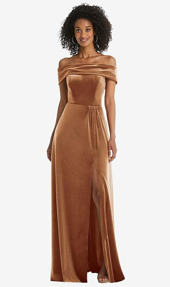 Front View - Golden Almond Draped Cuff Off-the-Shoulder Velvet Maxi Dress with Pockets