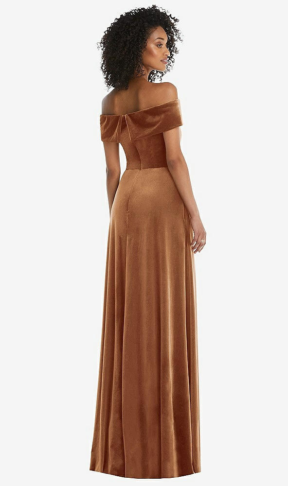 Back View - Golden Almond Draped Cuff Off-the-Shoulder Velvet Maxi Dress with Pockets