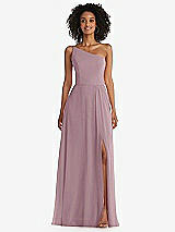 Front View Thumbnail - Dusty Rose One-Shoulder Chiffon Maxi Dress with Shirred Front Slit
