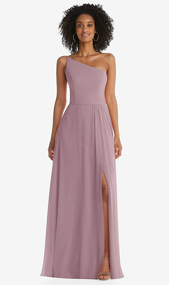 Front View - Dusty Rose One-Shoulder Chiffon Maxi Dress with Shirred Front Slit