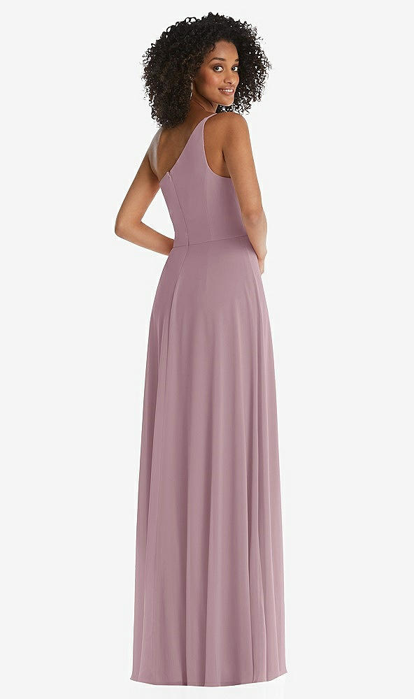 Back View - Dusty Rose One-Shoulder Chiffon Maxi Dress with Shirred Front Slit
