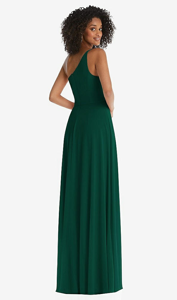 Back View - Hunter Green One-Shoulder Chiffon Maxi Dress with Shirred Front Slit
