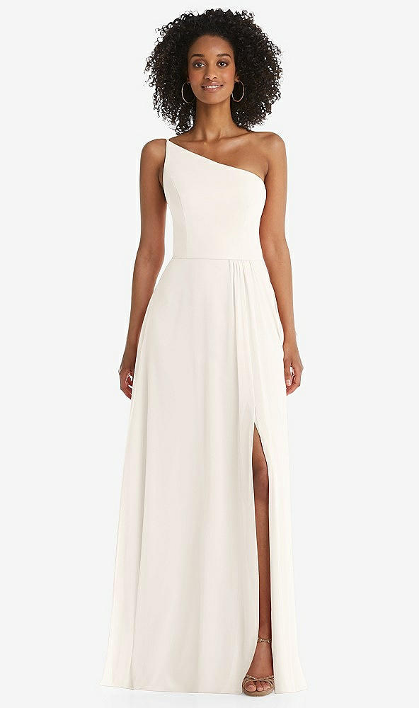 Front View - Ivory One-Shoulder Chiffon Maxi Dress with Shirred Front Slit