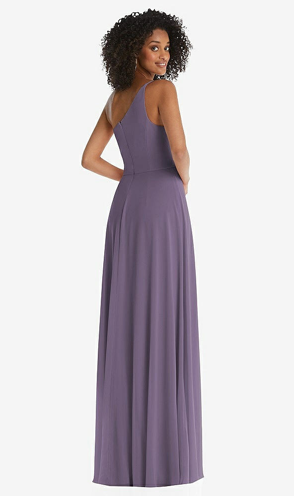 Back View - Lavender One-Shoulder Chiffon Maxi Dress with Shirred Front Slit