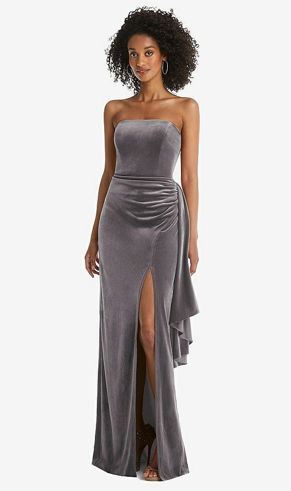 Front View - Caviar Gray Strapless Velvet Maxi Dress with Draped Cascade Skirt
