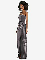 Side View Thumbnail - Caviar Gray Strapless Velvet Maxi Dress with Draped Cascade Skirt