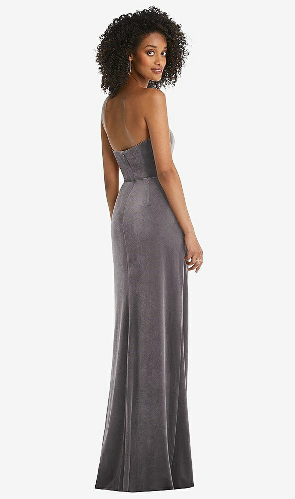 Back View - Caviar Gray Strapless Velvet Maxi Dress with Draped Cascade Skirt