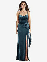 Front View Thumbnail - Dutch Blue Spaghetti Strap Velvet Maxi Dress with Draped Cascade Skirt