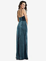 Rear View Thumbnail - Dutch Blue Spaghetti Strap Velvet Maxi Dress with Draped Cascade Skirt