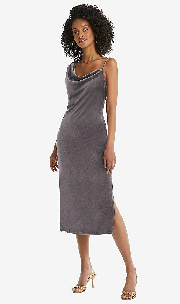 Front View - Caviar Gray Asymmetrical One-Shoulder Velvet Midi Slip Dress