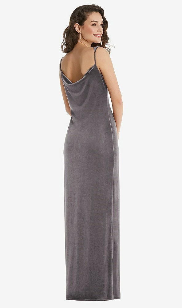 Back View - Caviar Gray Asymmetrical One-Shoulder Velvet Maxi Slip Dress