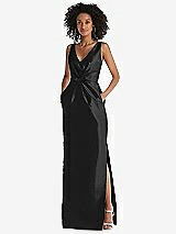Front View Thumbnail - Black Pleated Bodice Satin Maxi Pencil Dress with Bow Detail