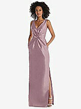 Front View Thumbnail - Dusty Rose Pleated Bodice Satin Maxi Pencil Dress with Bow Detail