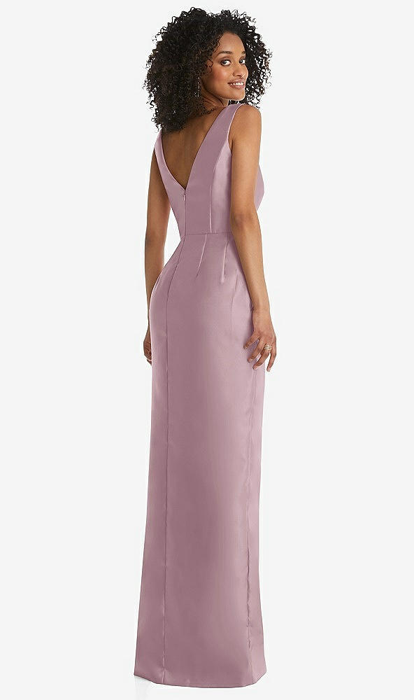 Back View - Dusty Rose Pleated Bodice Satin Maxi Pencil Dress with Bow Detail