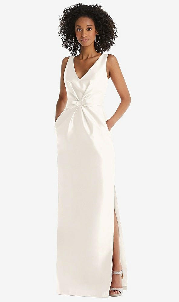 Front View - Ivory Pleated Bodice Satin Maxi Pencil Dress with Bow Detail
