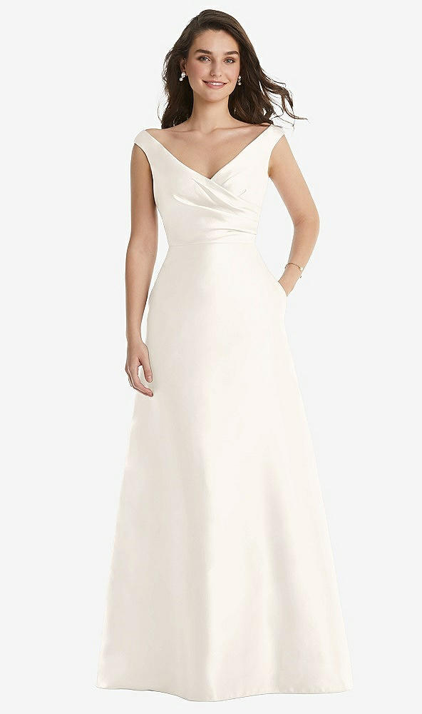Front View - Ivory Off-the-Shoulder Draped Wrap Maxi Dress with Pockets
