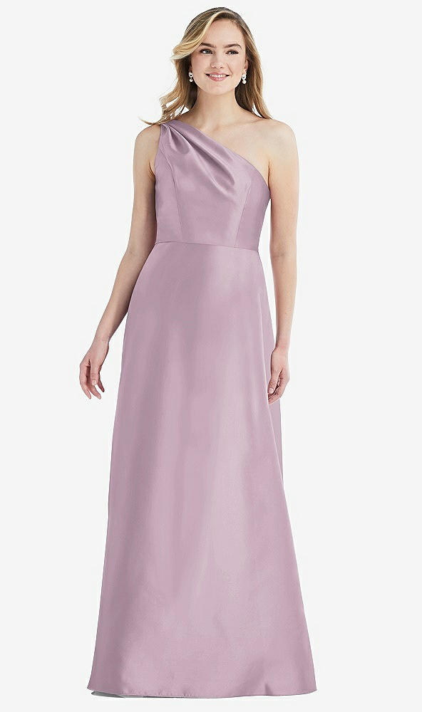 Front View - Suede Rose Pleated Draped One-Shoulder Satin Maxi Dress with Pockets