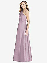 Side View Thumbnail - Suede Rose Pleated Draped One-Shoulder Satin Maxi Dress with Pockets