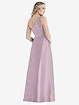Rear View Thumbnail - Suede Rose Pleated Draped One-Shoulder Satin Maxi Dress with Pockets