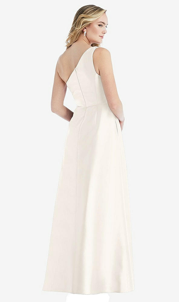 Back View - Ivory Pleated Draped One-Shoulder Satin Maxi Dress with Pockets