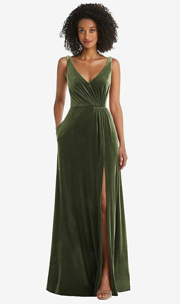 Front View - Olive Green Velvet Maxi Dress with Shirred Bodice and Front Slit