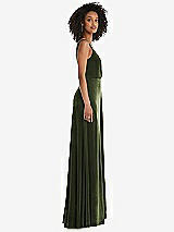 Side View Thumbnail - Olive Green Velvet Maxi Dress with Shirred Bodice and Front Slit