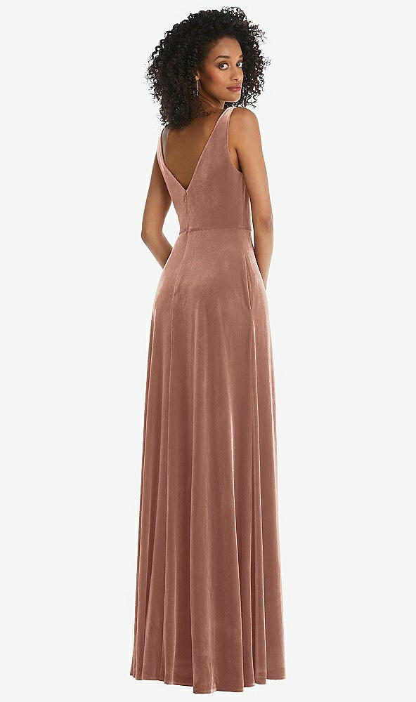 Back View - Tawny Rose Velvet Maxi Dress with Shirred Bodice and Front Slit