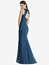 Rear View Thumbnail - Dusk Blue Jewel Neck Bowed Open-Back Trumpet Dress with Front Slit