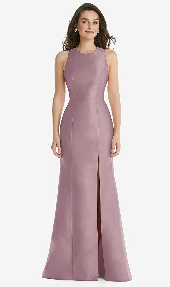 Front View - Dusty Rose Jewel Neck Bowed Open-Back Trumpet Dress with Front Slit