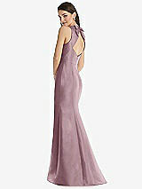 Rear View Thumbnail - Dusty Rose Jewel Neck Bowed Open-Back Trumpet Dress with Front Slit