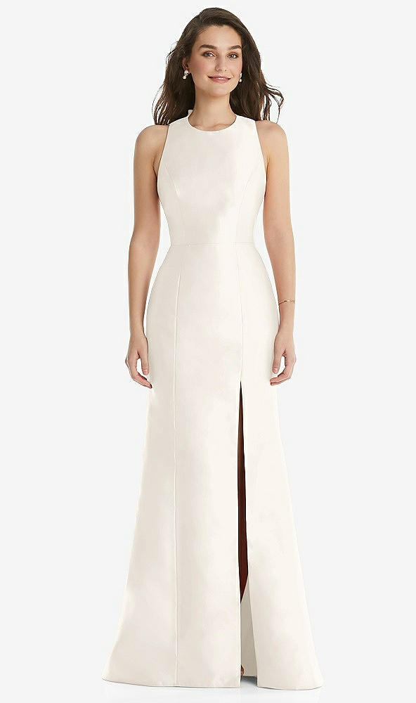 Front View - Ivory Jewel Neck Bowed Open-Back Trumpet Dress with Front Slit
