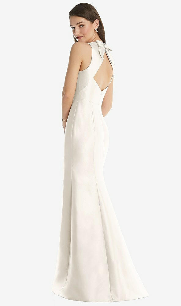 Back View - Ivory Jewel Neck Bowed Open-Back Trumpet Dress with Front Slit