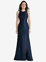 Front View Thumbnail - Midnight Navy Jewel Neck Bowed Open-Back Trumpet Dress with Front Slit