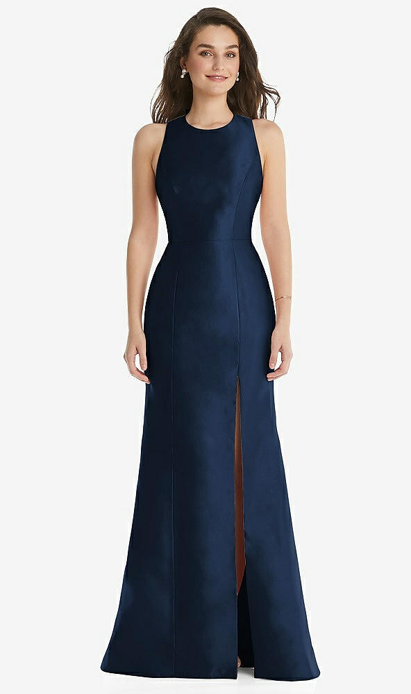 Front View - Midnight Navy Jewel Neck Bowed Open-Back Trumpet Dress with Front Slit
