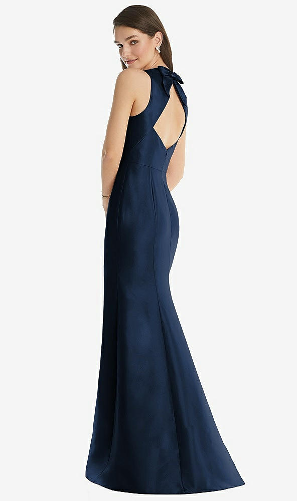 Back View - Midnight Navy Jewel Neck Bowed Open-Back Trumpet Dress with Front Slit