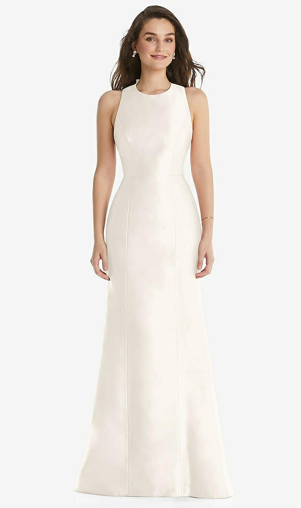 Front View - Ivory Jewel Neck Bowed Open-Back Trumpet Dress 