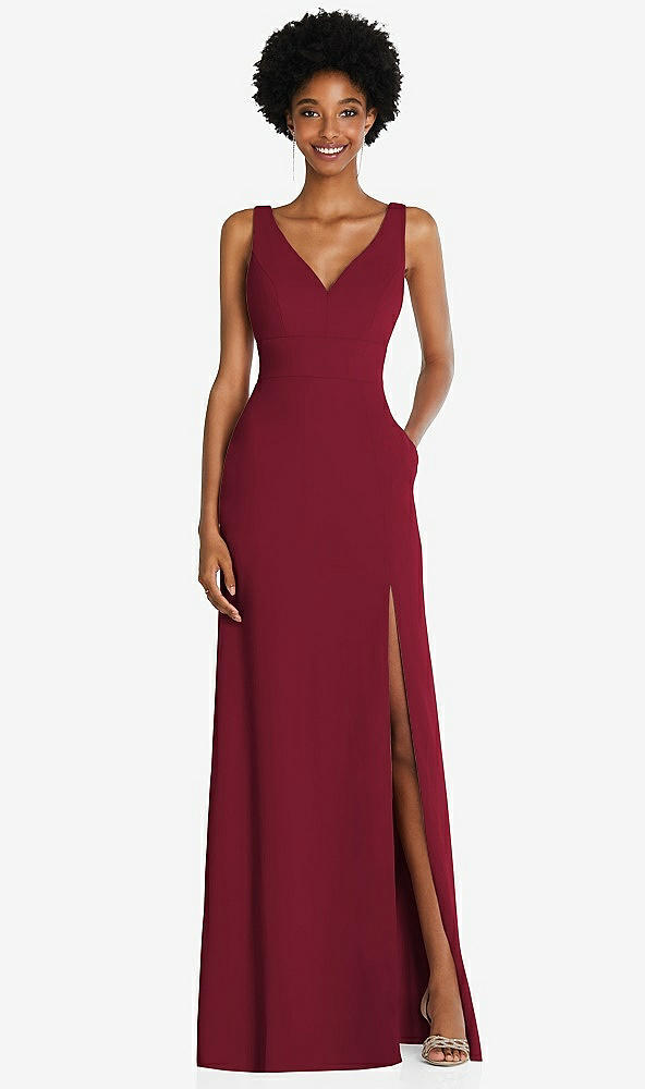 Front View - Burgundy Square Low-Back A-Line Dress with Front Slit and Pockets