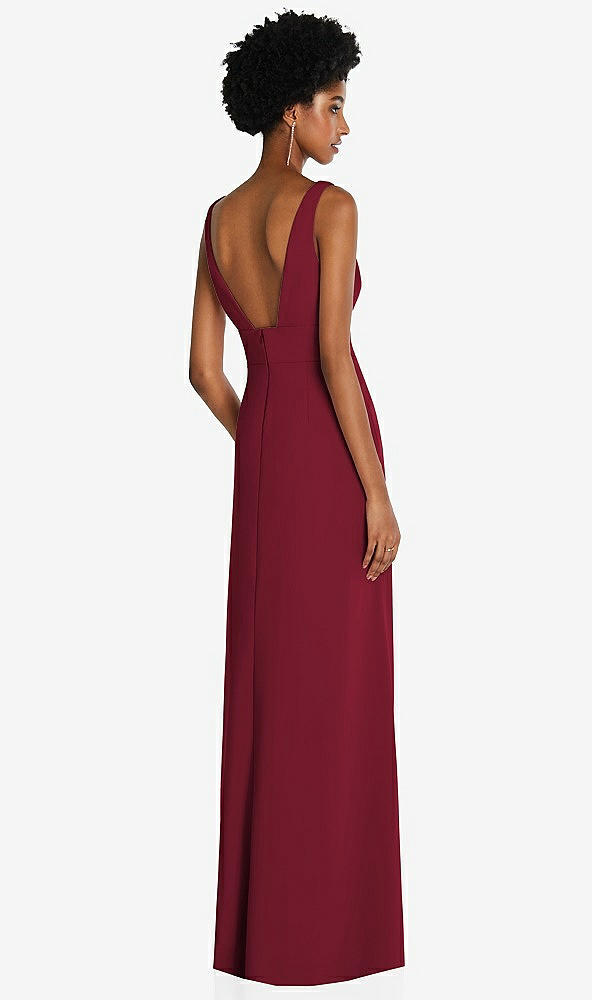 Back View - Burgundy Square Low-Back A-Line Dress with Front Slit and Pockets