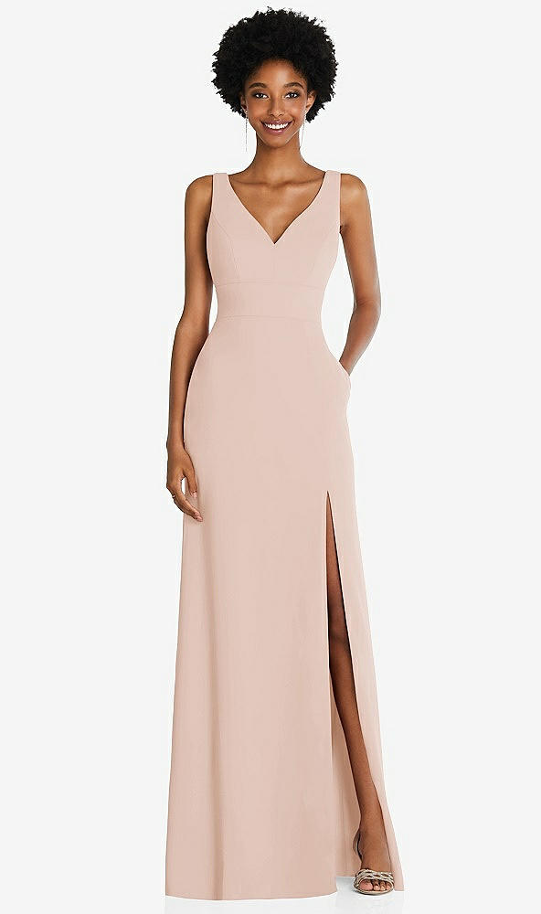 Front View - Cameo Square Low-Back A-Line Dress with Front Slit and Pockets